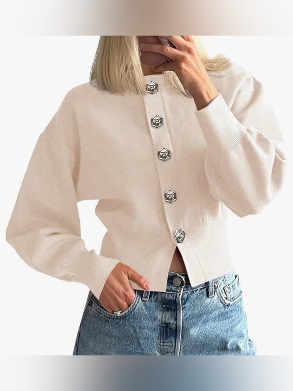 NWT Saodimallsu
Button Up Cardigan, Long Lantern Sleeve Knit Crew Neck XL